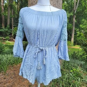 Boho Lace Sleeve Off The Shoulder Romper with Elastic & Front Tie Waist Size M